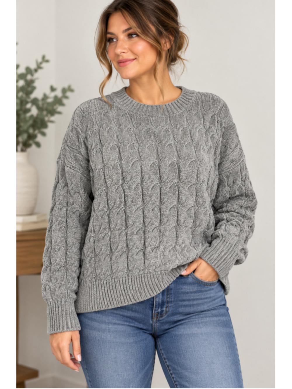 Rachel Zoe L Gray Chenille Cable Knit Sweater Cozy Quiet Luxury Pullover